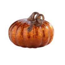 Amber Halloween pumpkin with a carved jack-o'-lantern face on an orange background.
