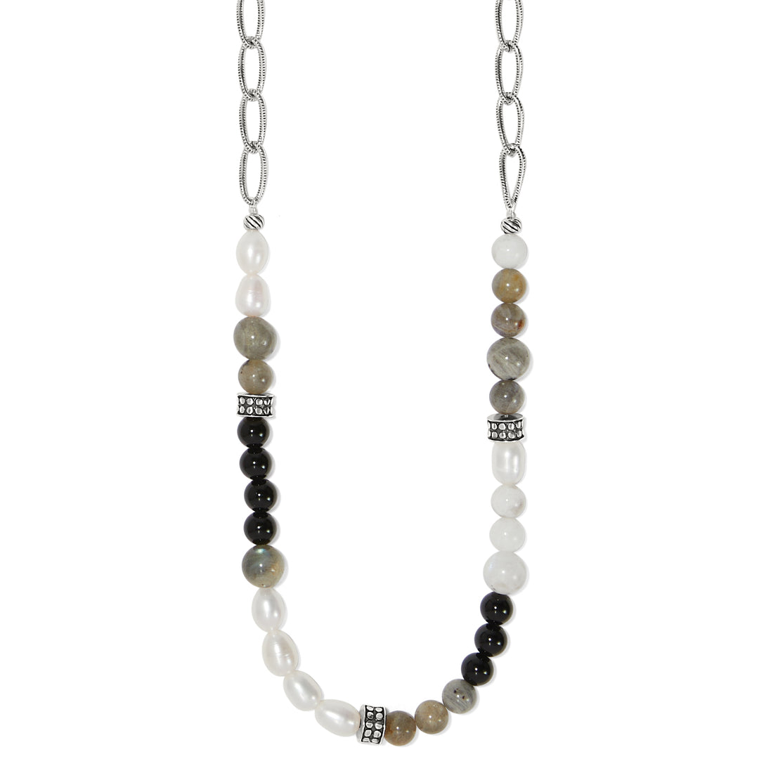 Pebble Luna Necklace with silver chain, fresh water pearls, moonstone, labradorite, and black agate.