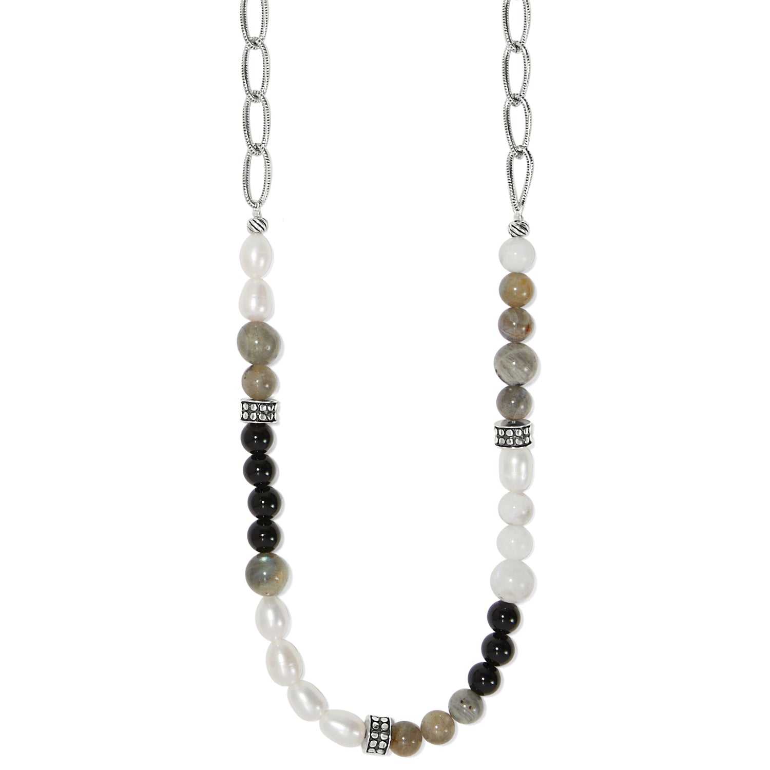 Pebble Luna Necklace with silver chain, fresh water pearls, moonstone, labradorite, and black agate.