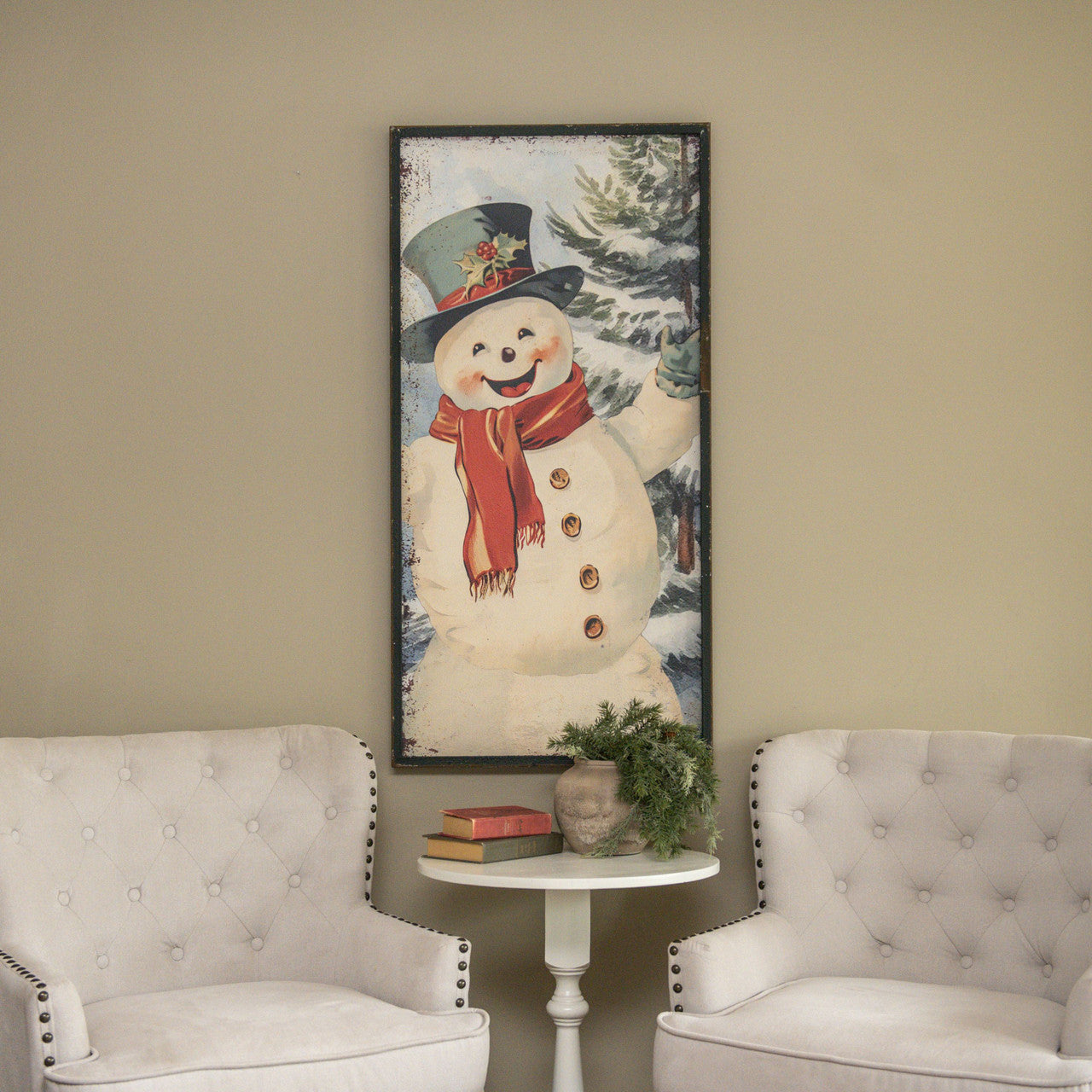 48-inch metal snowman print with wood frame featuring a festive jolly pattern
