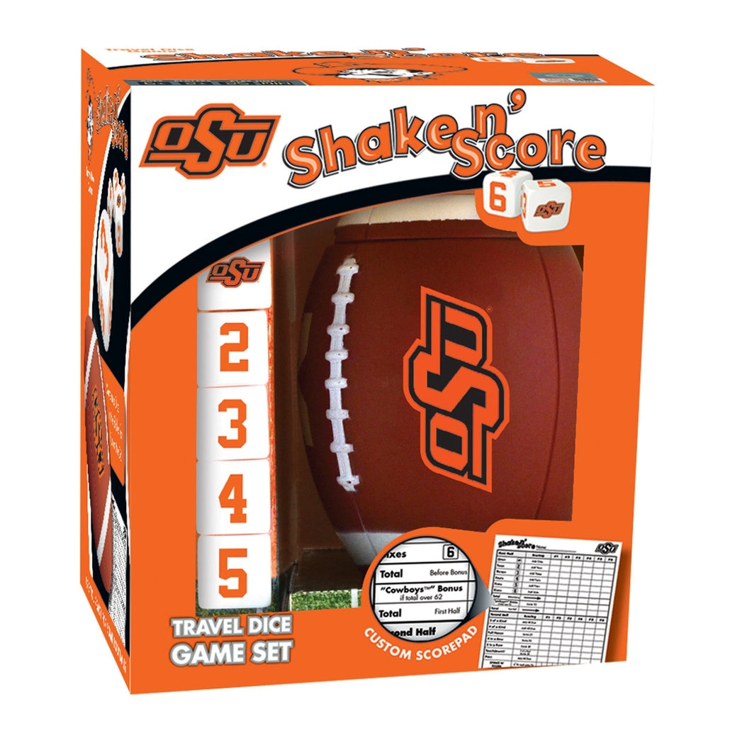 Oklahoma State Cowboys NCAA Shake N' Score travel dice game set with football shaker and scorepad.