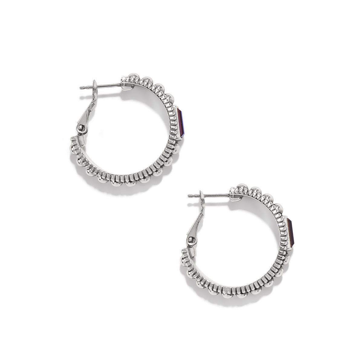 Silver-plated hoop earrings with amethyst crystals on a post lever back.