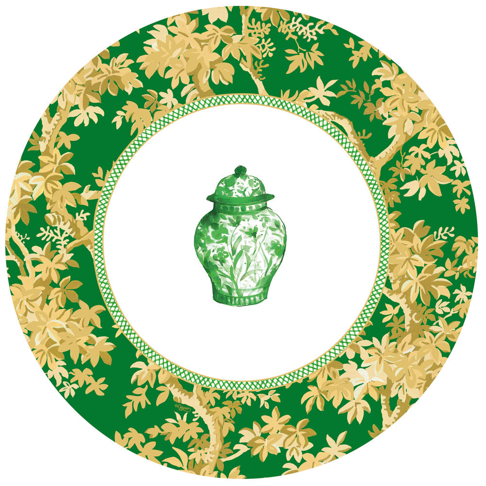 Dark green paper dinner plate with a gold floral border and a green ginger jar in the center.
