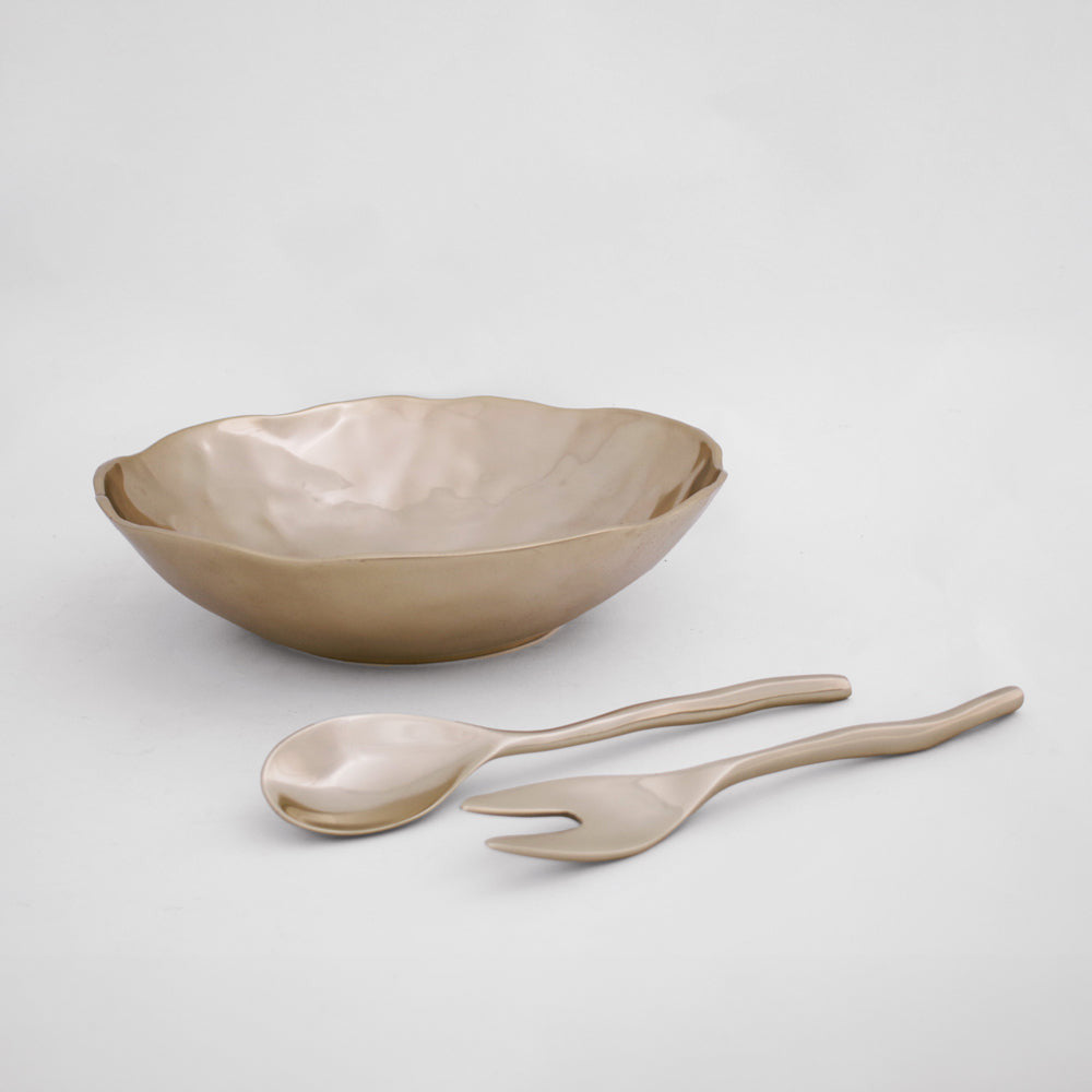 Sierra Modern Maia small salad servers and matching bowl in a champagne gold finish.