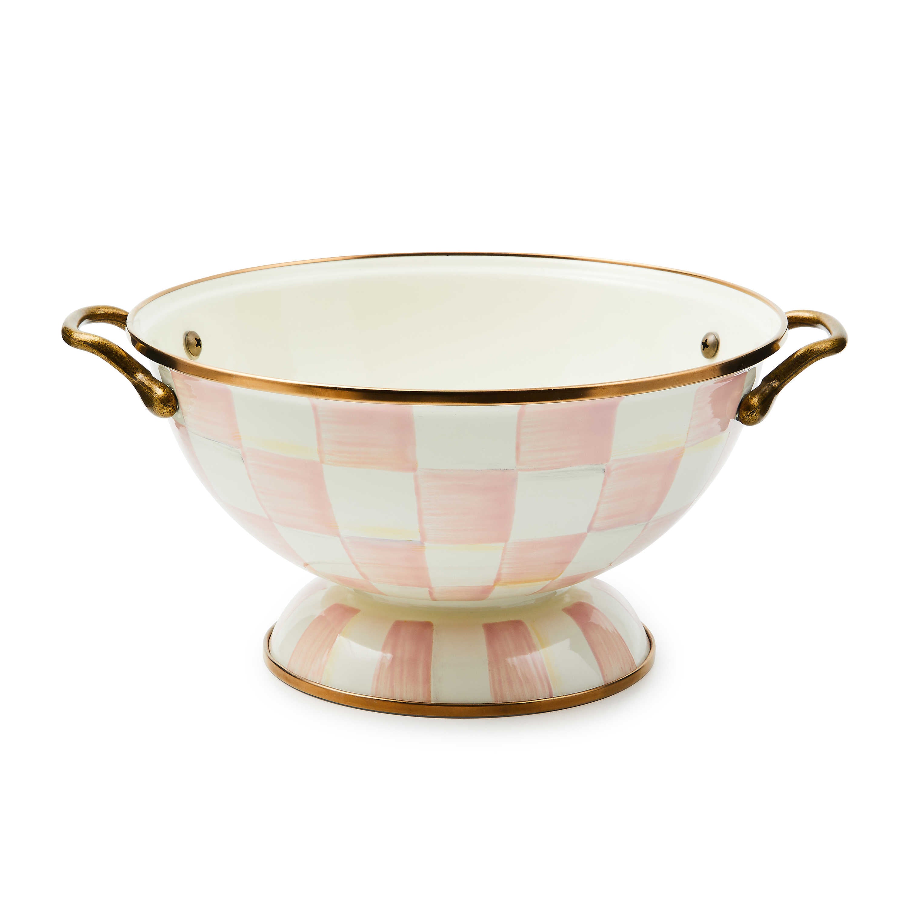 Rosy Check Almost Everything Bowl with pink and white hand-painted checks and brass handles.