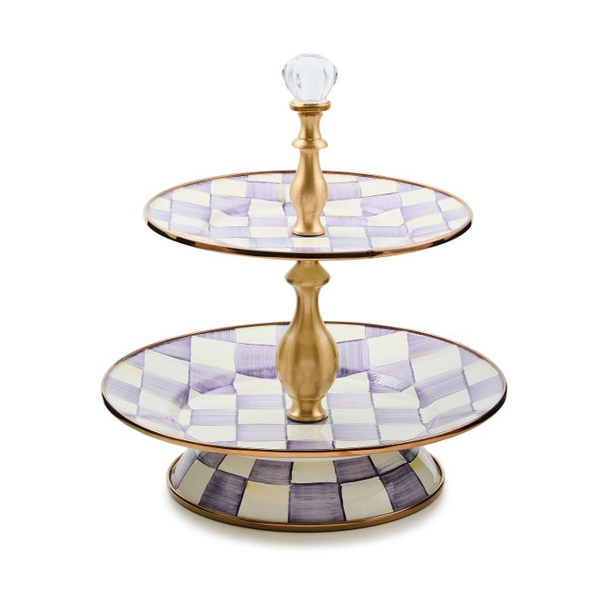 Violet check two-tier sweet stand with a round silhouette