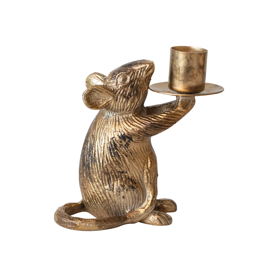 Antique gold cast aluminum mouse taper candle holder with a textured finish.