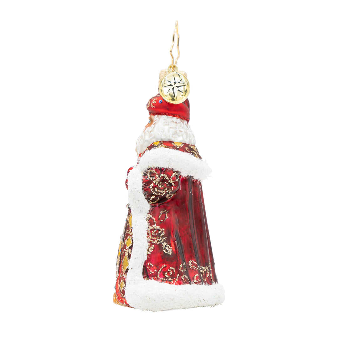 Years In The Making Nick Gem Santa ornament in a red satin coat with gold patterns and white trim.