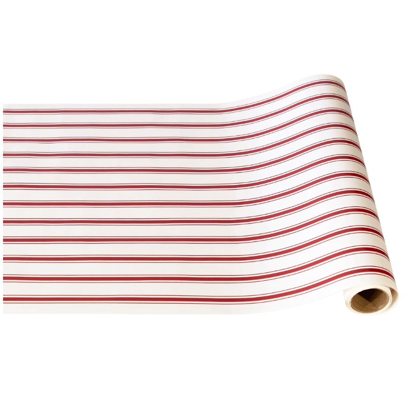 Red Linen Stripe Runner roll featuring horizontal red stripes on a white background.