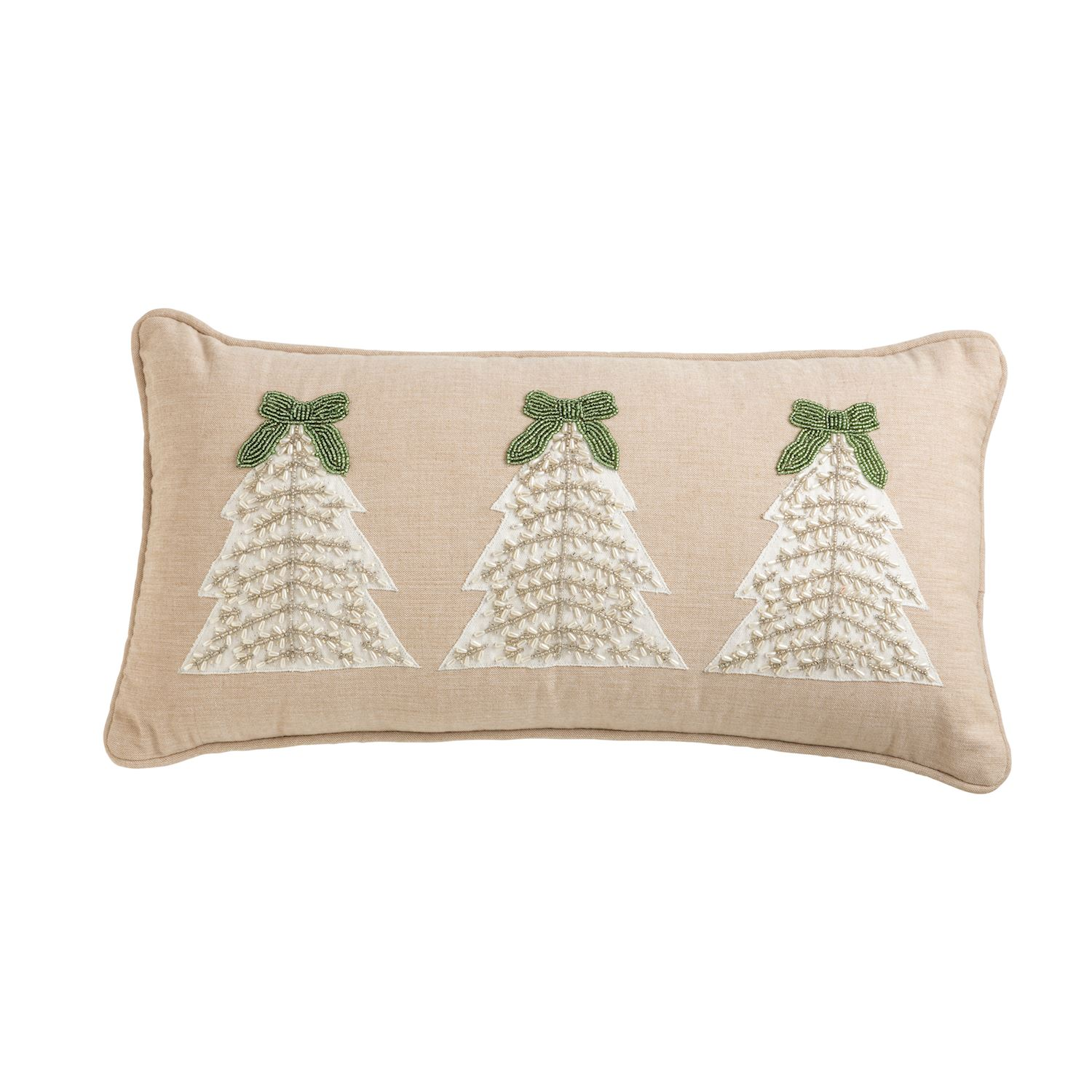 Lumbar beige pillow featuring three white beaded Christmas trees with green beaded bows.