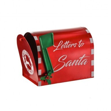 Metal mailbox shaped like a classic postbox with festive 'Letters to Santa' text on the front.
