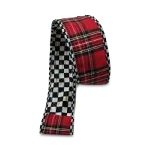 Courtly Tartan 2.5 inch ribbon featuring a red plaid pattern and black and white checkered design.