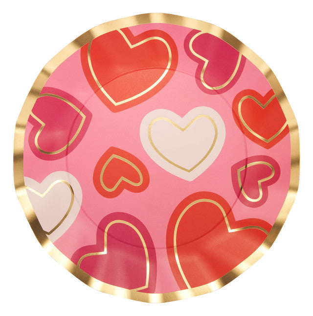 Red paper dinner plate with gold foil trim featuring a wavy love notes pattern