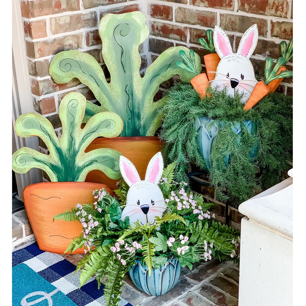 Hippity Hoppity Rabbit stake decoration in white with black ears and pink nose.