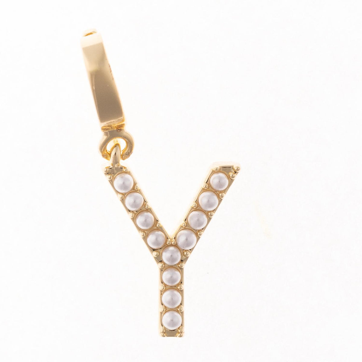 Gold-plated letter Y charm with white pearl accents and a clasp for a chain.