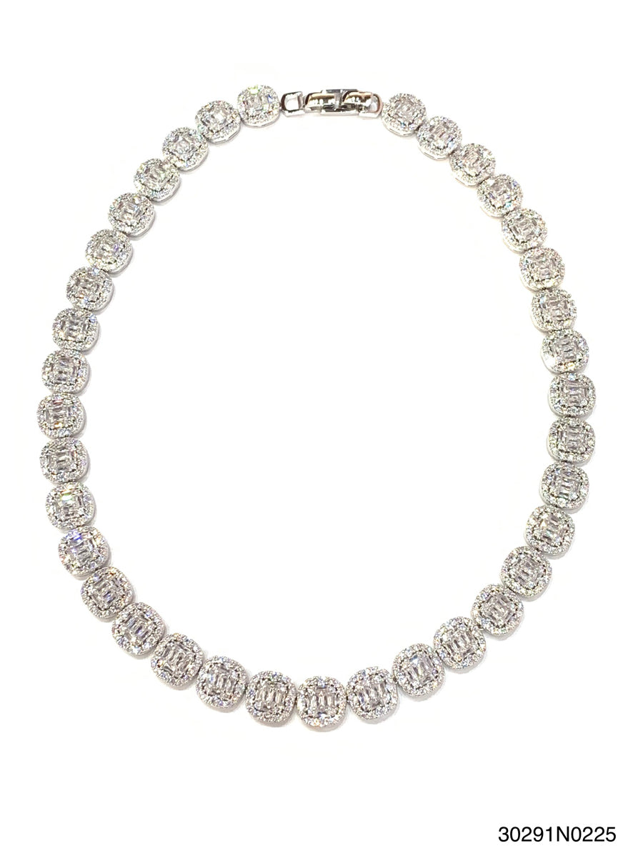 Emma Tennis Necklace featuring a row of square-cut CZ stones with a hook closure.