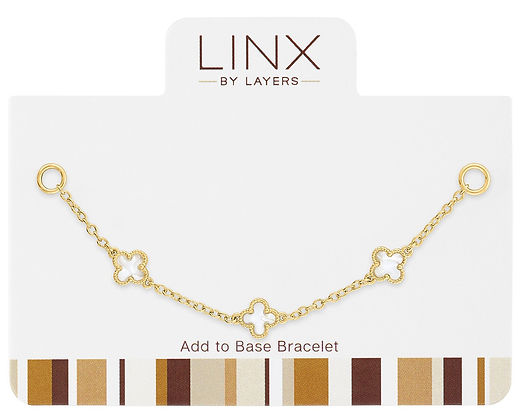Gold Quatrefoil LINX Add-On featuring three white quatrefoil charms on a gold-plated chain.