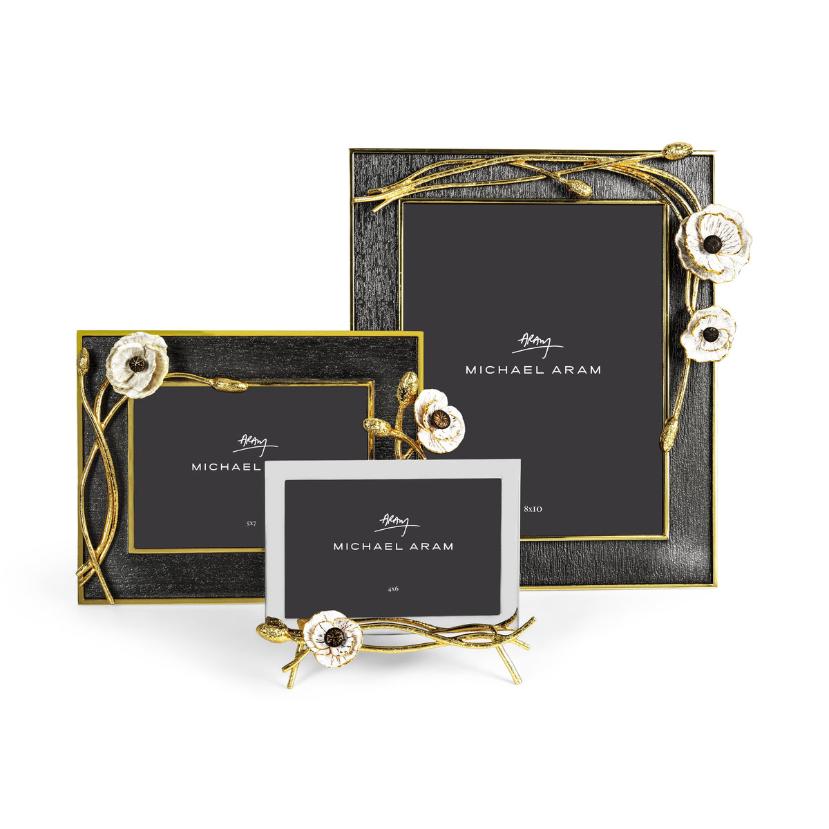 Goldtone oxidized white enamel convertible photo frame with removable back panel.