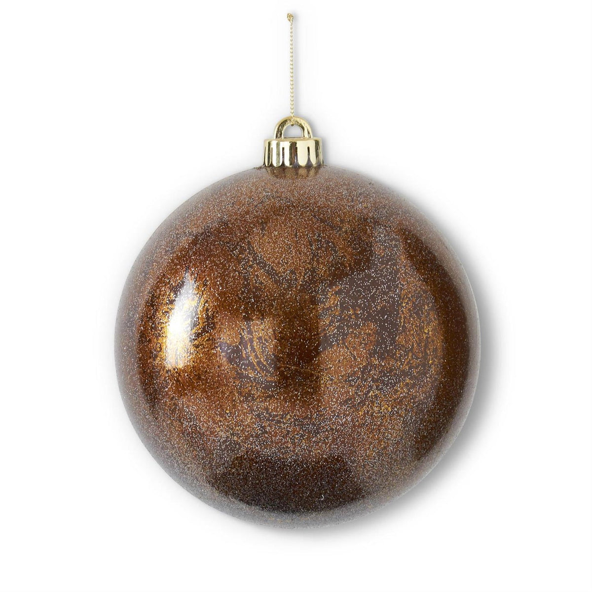 8-inch glittered bronze round shatterproof ornament with gold leaf pattern and gold cap.