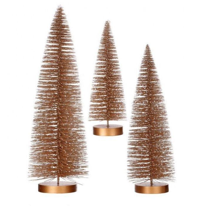 Three copper-colored snow-tipped bottle brush trees in small, medium, and large sizes.