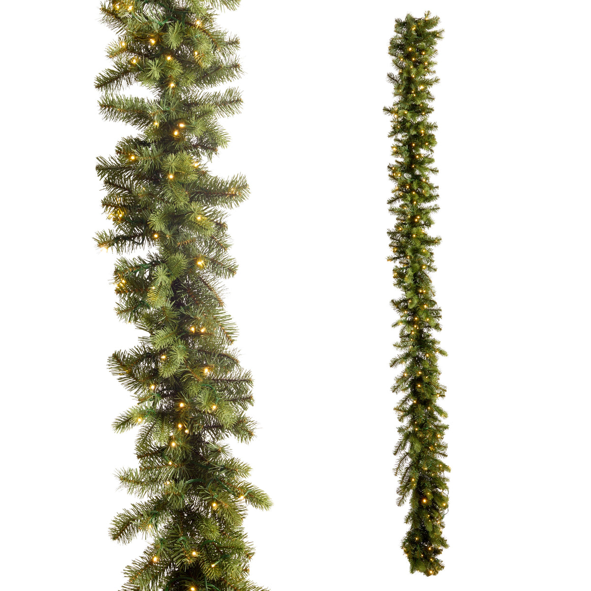 9' Pre-Lit Bright Balsam Fir Garland with warm white lights shown in full and close-up view.