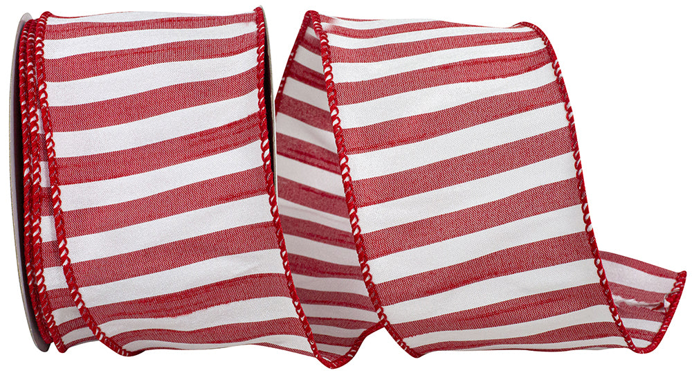 Red striped dupioni fabric swatch with wired edge trim