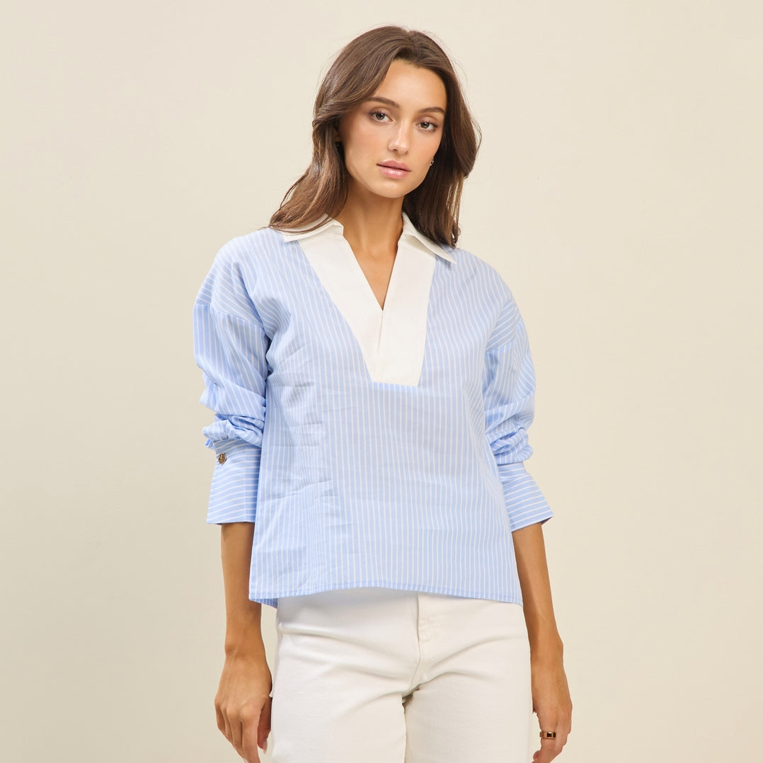 Shanie Colorblock Pinstripe Blouse with long sleeves, spread collar, V-neck, and pinstripe pattern.