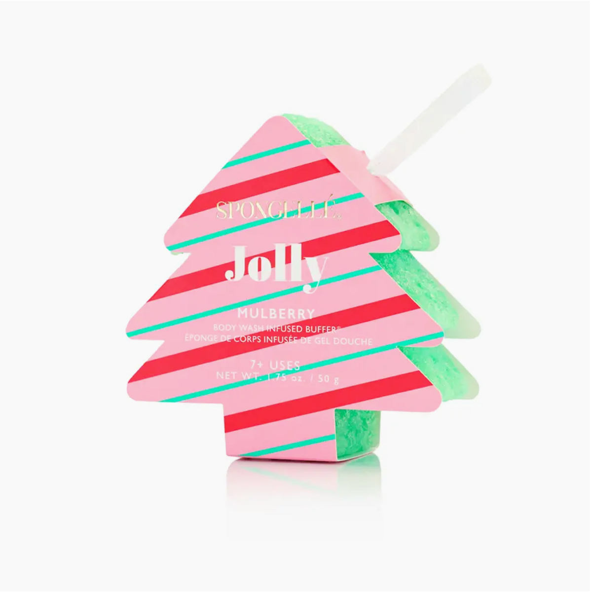 Holiday Tree Ornament Body Wash Infused Buffer shaped like a green Christmas tree with hanging ribbon.