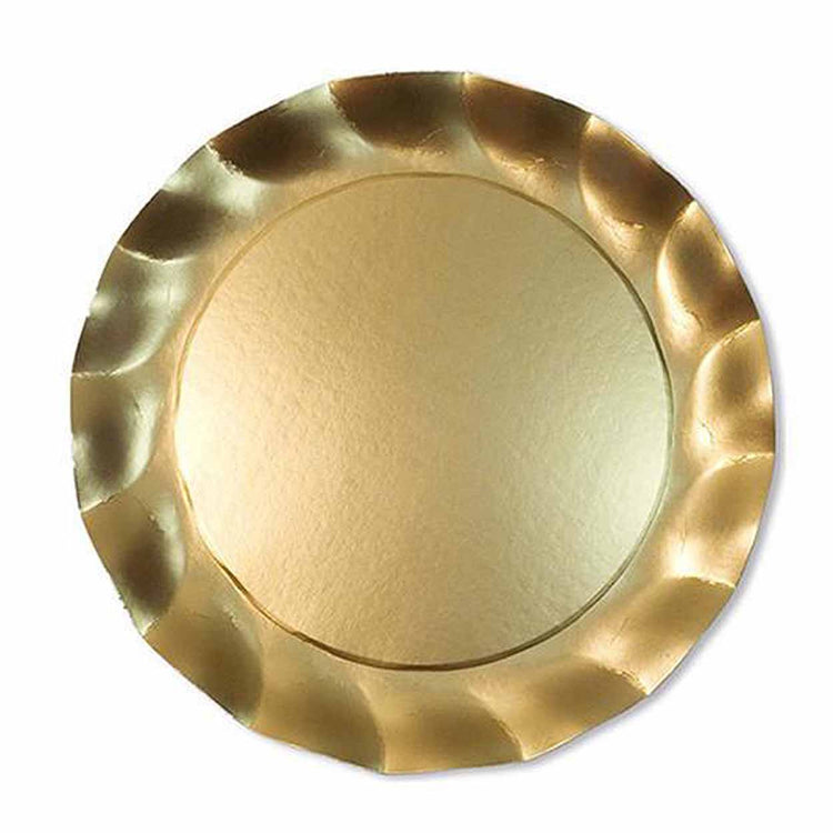 Satin gold wavy paper dinner plate with a matte finish and scalloped edges.