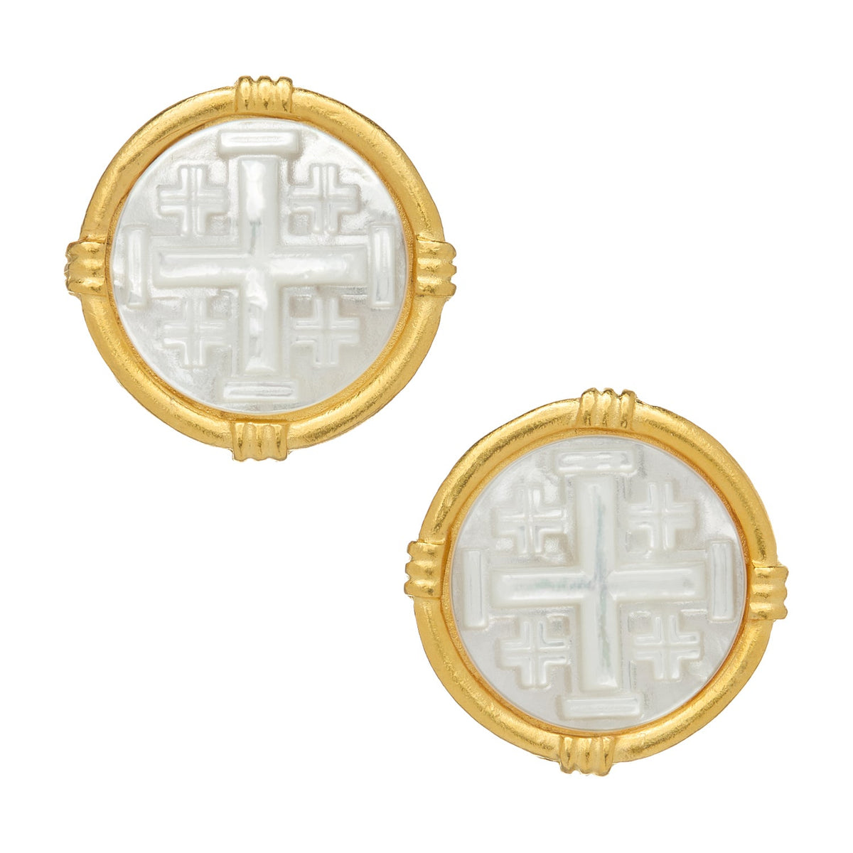 Ida Jerusalem Cross Studs featuring carved mother of pearl in a 24k gold-plated circular frame.