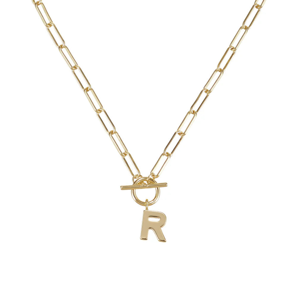 Gold-plated brass toggle necklace with an 18-inch chain.