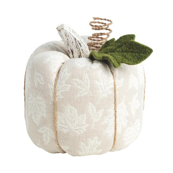 Jacquard pumpkin made of beige cotton gauze with leaf patterns, a wood stem, and a green felt leaf.