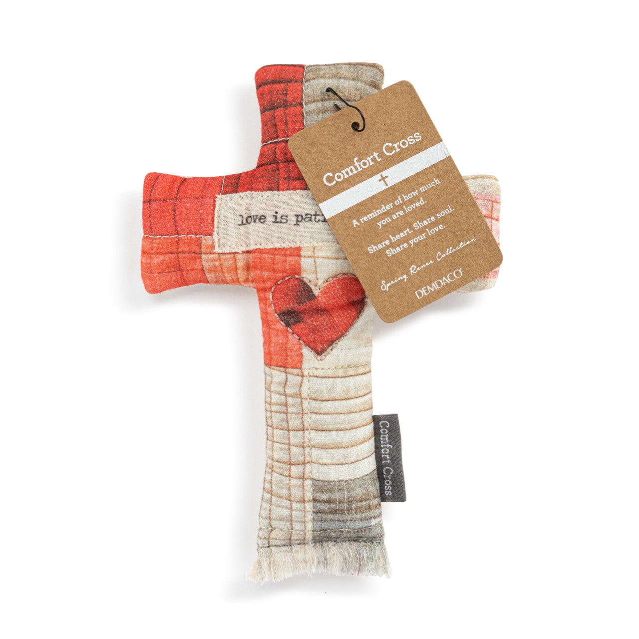 Comfort Cross: beige cotton cross with polyester fiberfill stuffing and bead accents.