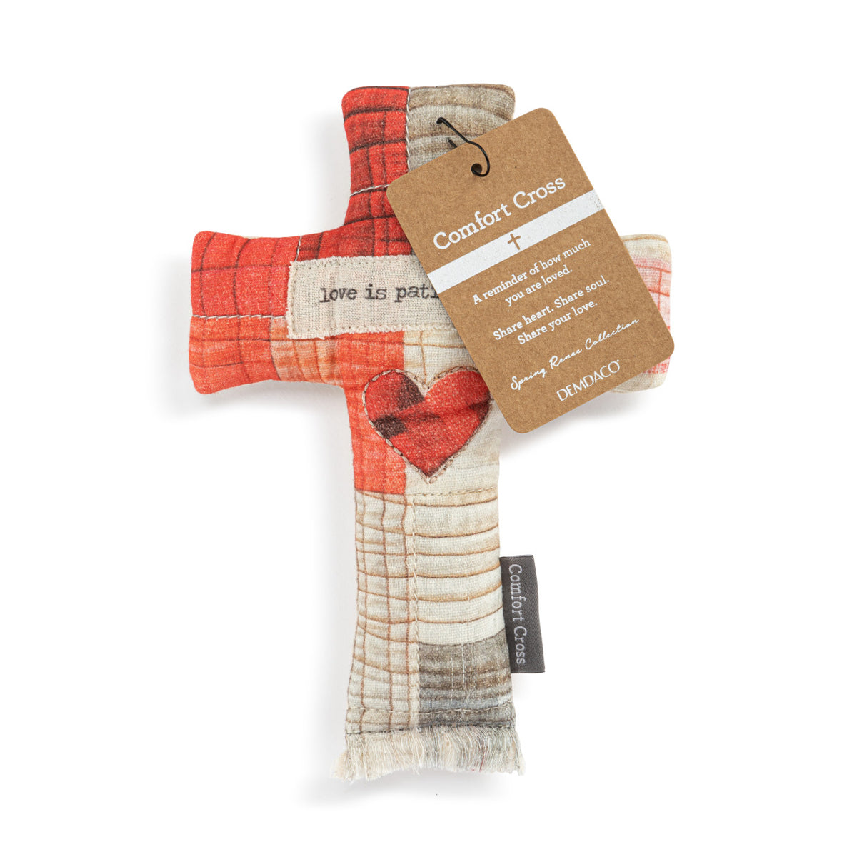 Comfort Cross: beige cotton cross with polyester fiberfill stuffing and bead accents.