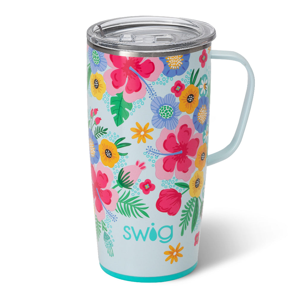 Silver stainless steel travel mug with a slim metal handle and large BPA-free lid.