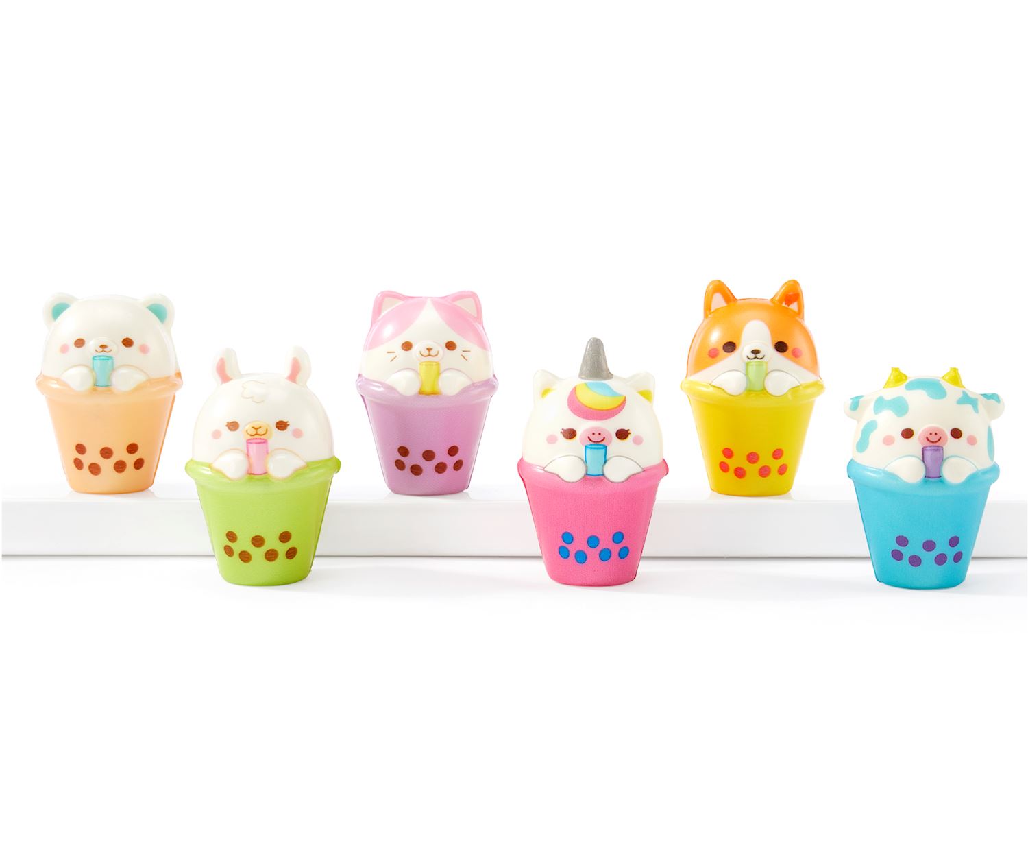 Purple PU squishy toy shaped like a bubble tea cup with animal face pattern