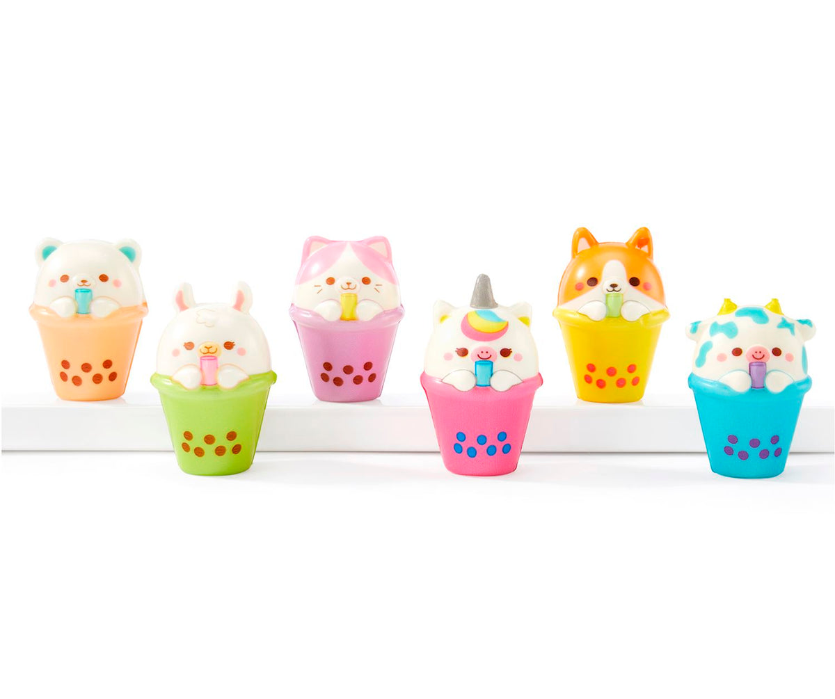 Purple PU squishy toy shaped like a bubble tea cup with animal face pattern