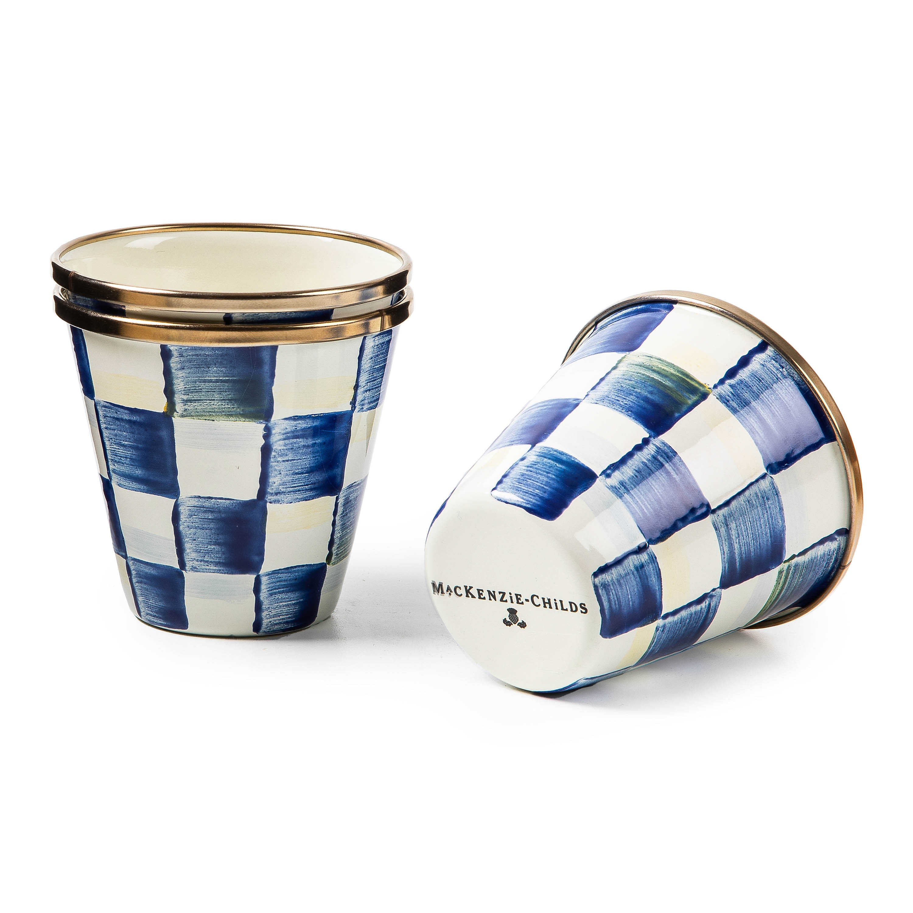 Royal Check Enamel Herb Pot with blue and white hand-painted checks and a bronzed rim.
