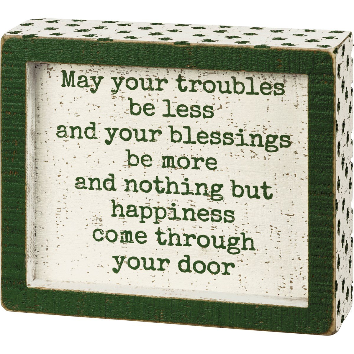 Wooden box sign reading May Your Blessings Be More Inset in a simple sans-serif font.
