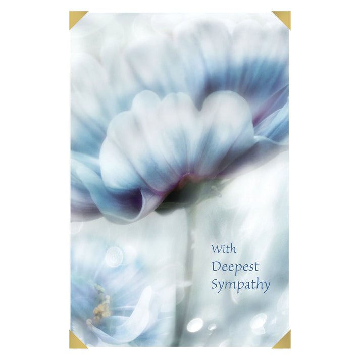 Blue foil sympathy card with 'So truly sorry for your loss' text inside.
