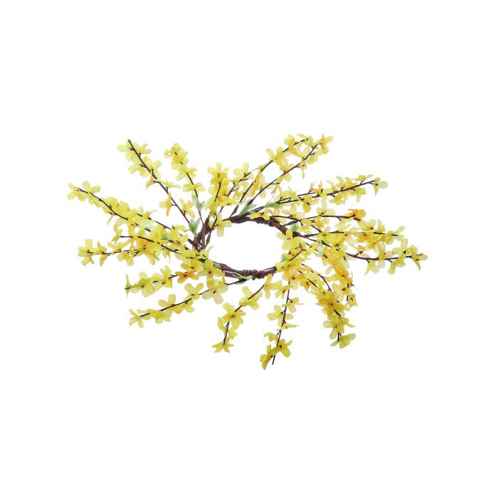 Round wild forsythia wreath with yellow flowers on a green base