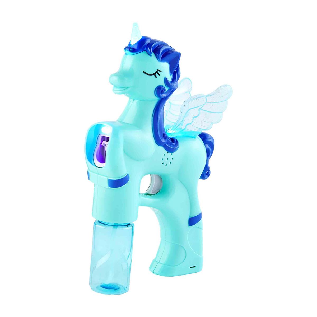 Plastic unicorn bubble maker toy with a horn-shaped wand.