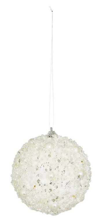 4.5-inch white Styrofoam ball ornament covered in ice-like beads and faux pearls.