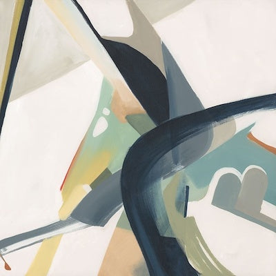 Abstract painting with bold, curving lines in navy, teal, and tan against a white background.