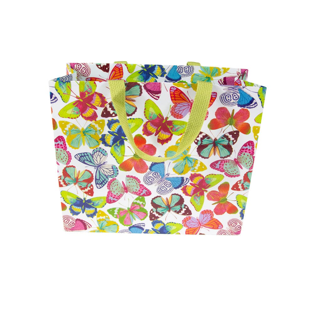 Large horizontal gift bag with butterfly print on durable paper featuring a strong carrying handle.
