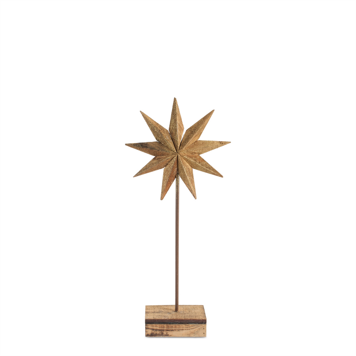 A rustic eight-point wooden star with gold glitter on a metal rod and square wood base.