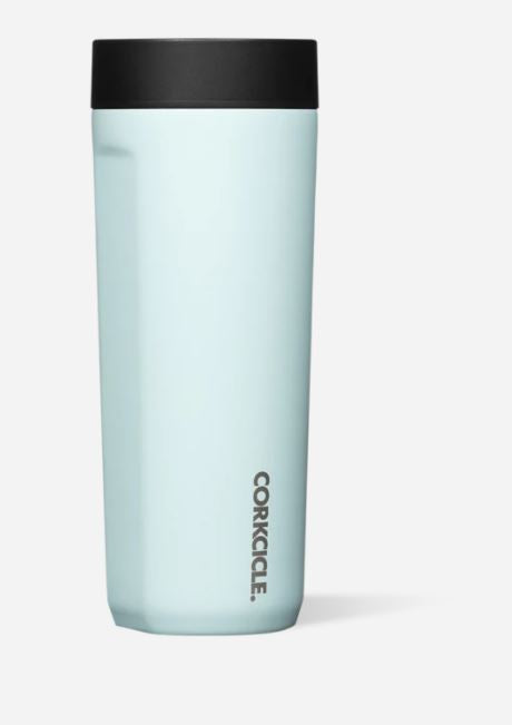 Powder blue insulated stainless steel commuter cup with a slim profile, spill-proof lid, and ceramic-coated interior.