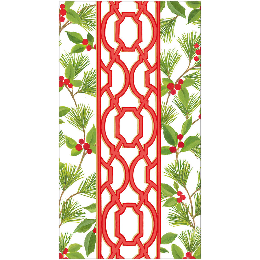 White guest towel with a red geometric lattice border and green pine branches with red berries.