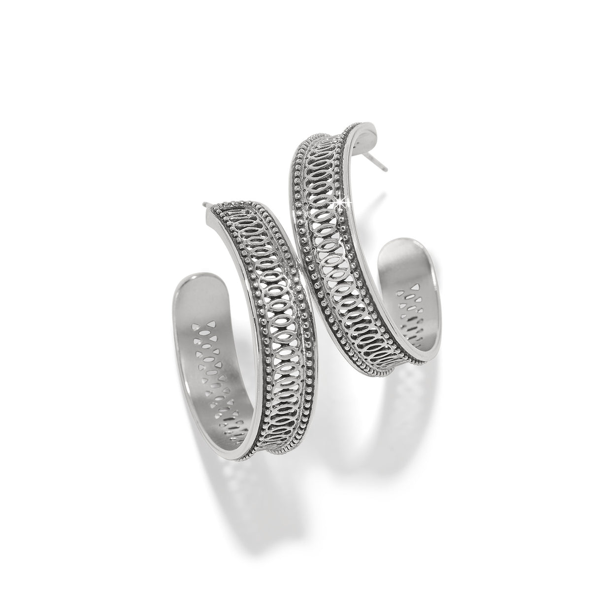 Ferrara Siena silver plated large hoop earrings with intricate openwork design and post backs.