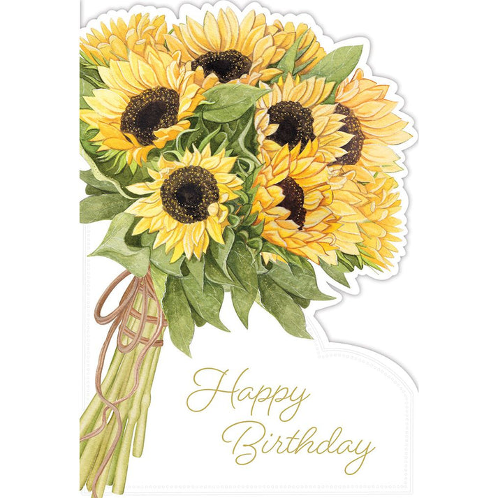 Birthday card with sunflower bunches on the cover and glitter foil embellishments.
